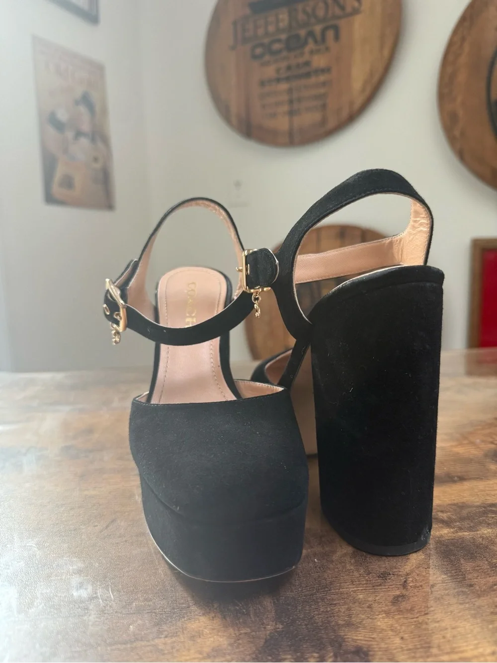 Black Suede Platform Mary Jane Heels with Gold Buckle